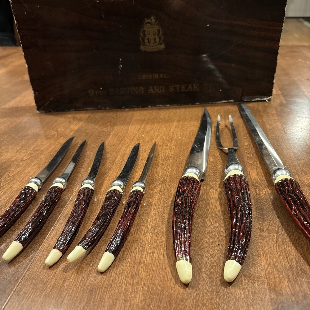 NASCO Del Coronado VTG Carving‎ Set 8 Pc Bakelite Faux Antler Handles With Box